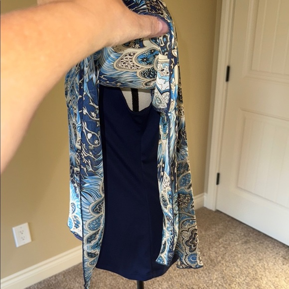 Initiatives Blue and Black Asymmetrical Poncho Sleeve Boho Blouse - Picture 5 of 11